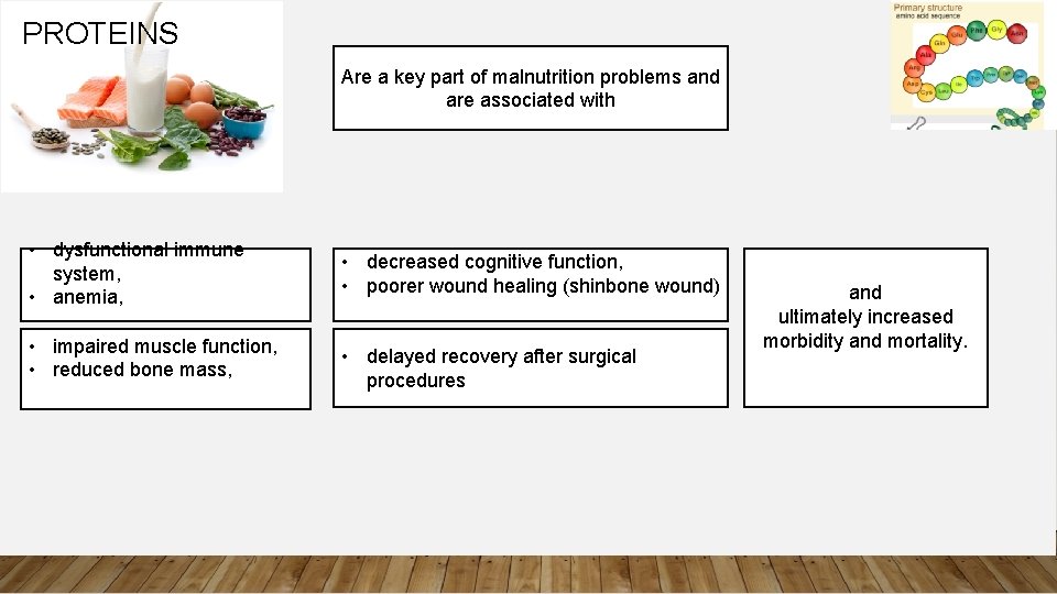 PROTEINS Are a key part of malnutrition problems and are associated with • dysfunctional