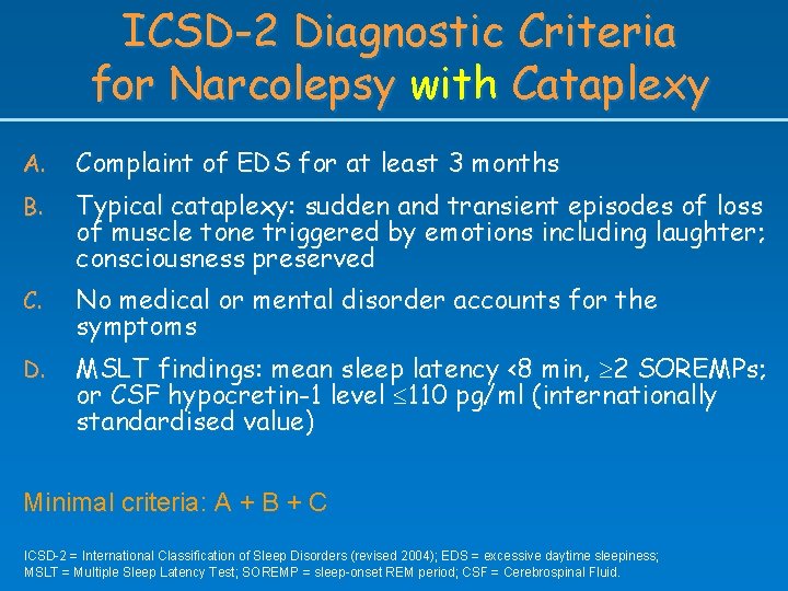 ICSD-2 Diagnostic Criteria for Narcolepsy with Cataplexy A. Complaint of EDS for at least