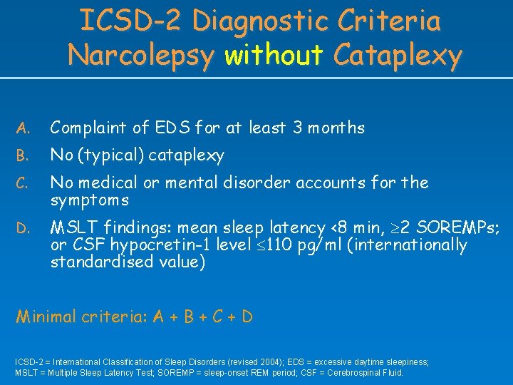 ICSD-2 Diagnostic Criteria Narcolepsy without Cataplexy A. Complaint of EDS for at least 3