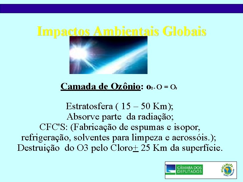 Impactos Ambientais Globais Camada de Ozônio: o 2+ O = O 3 Estratosfera (