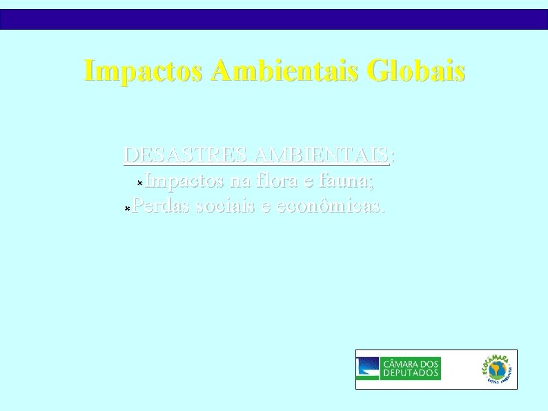 Impactos Ambientais Globais DESASTRES AMBIENTAIS: Impactos na flora e fauna; Perdas sociais e econômicas.