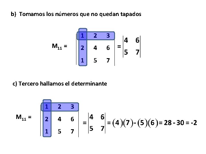 b) Tomamos los números que no quedan tapados M 11 = 1 2 3