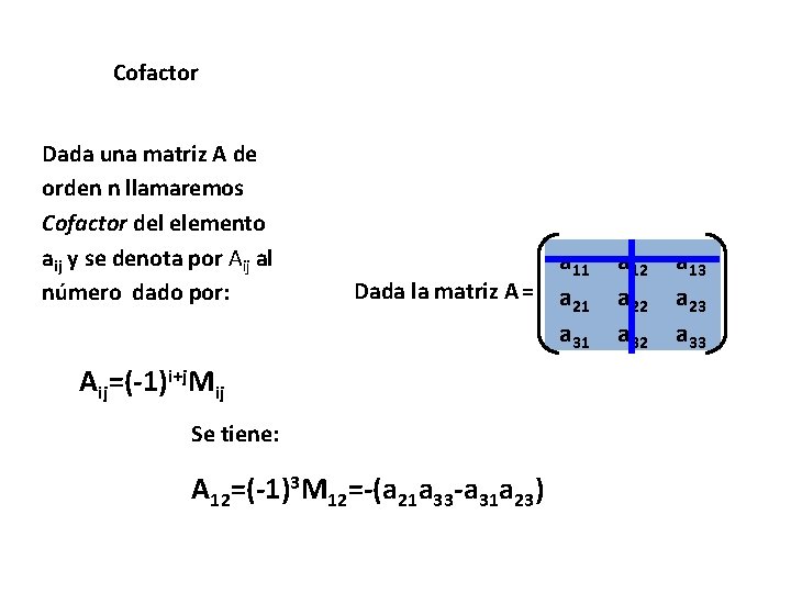 Cofactor Dada una matriz A de orden n llamaremos Cofactor del elemento aij y