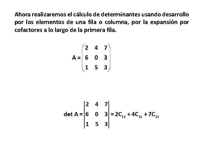 Ahora realizaremos el cálculo de determinantes usando desarrollo por los elementos de una fila