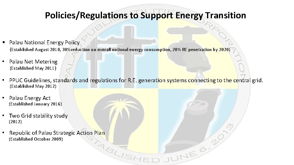 Policies/Regulations to Support Energy Transition § Palau National Energy Policy (Established August 2010, 30%reduction