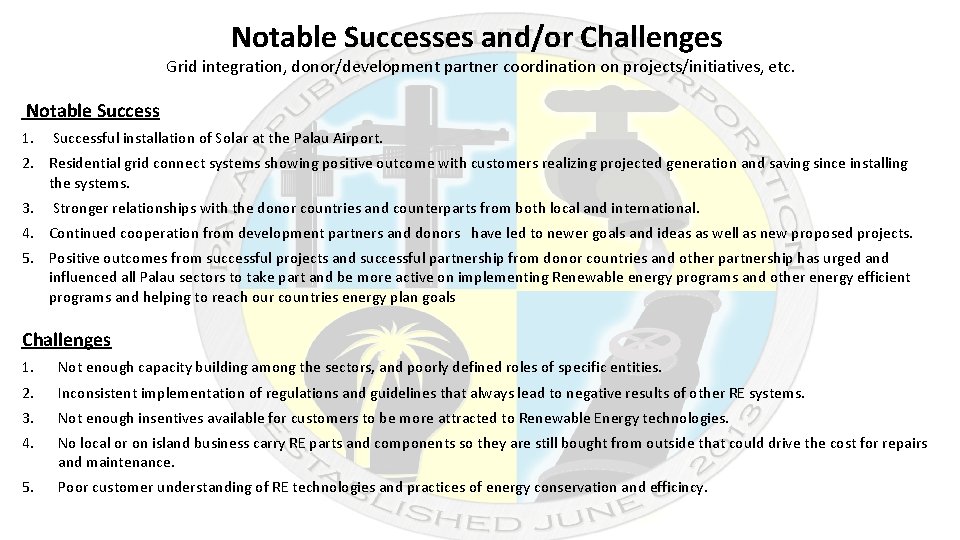 Notable Successes and/or Challenges Grid integration, donor/development partner coordination on projects/initiatives, etc. Notable Success