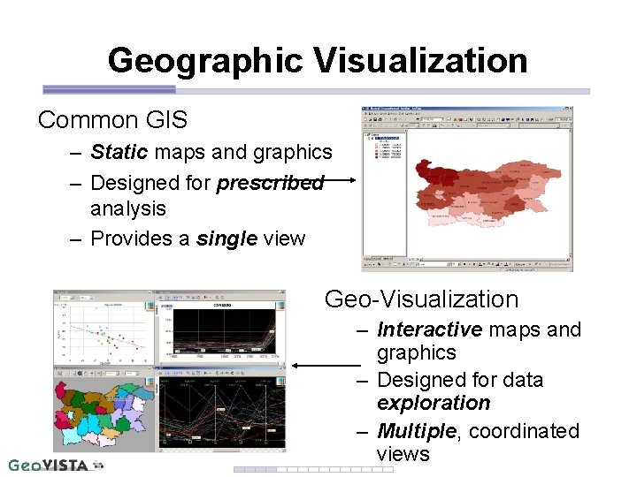 Geographic Visualization Common GIS – Static maps and graphics – Designed for prescribed analysis Geographic Visualization Common GIS – Static maps and graphics – Designed for prescribed analysis