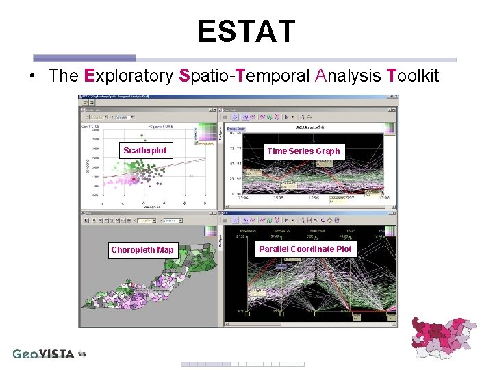 ESTAT • The Exploratory Spatio-Temporal Analysis Toolkit Scatterplot Choropleth Map Time Series Graph Parallel ESTAT • The Exploratory Spatio-Temporal Analysis Toolkit Scatterplot Choropleth Map Time Series Graph Parallel