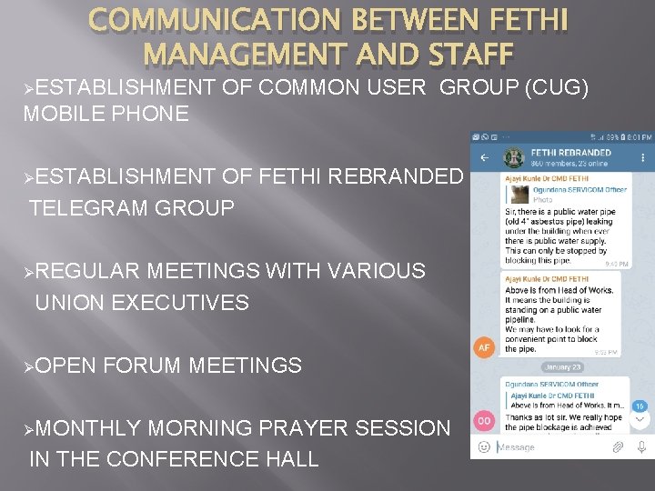 COMMUNICATION BETWEEN FETHI MANAGEMENT AND STAFF ØESTABLISHMENT OF COMMON USER GROUP (CUG) MOBILE PHONE