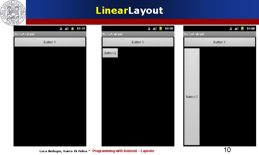 Linear. Layout Luca Bedogni, Marco Di Felice - Programming with Android – Layouts 10 Linear. Layout Luca Bedogni, Marco Di Felice - Programming with Android – Layouts 10