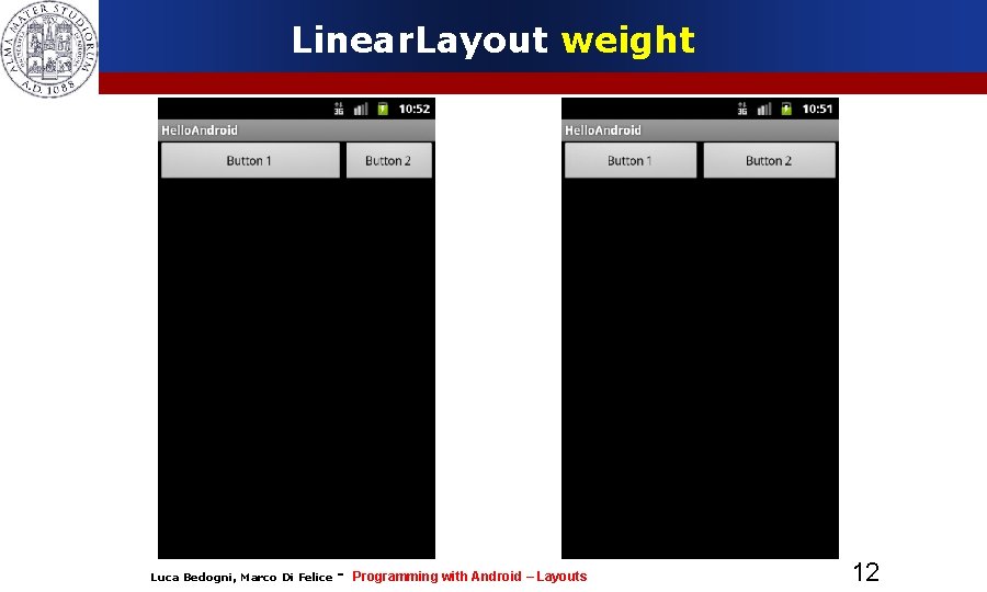Linear. Layout weight Luca Bedogni, Marco Di Felice - Programming with Android – Layouts Linear. Layout weight Luca Bedogni, Marco Di Felice - Programming with Android – Layouts