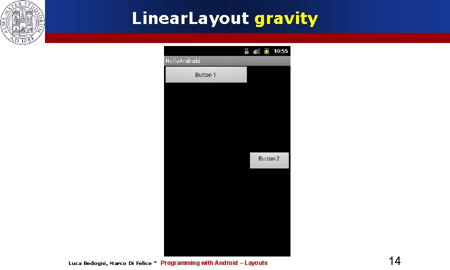 Linear. Layout gravity Luca Bedogni, Marco Di Felice - Programming with Android – Layouts Linear. Layout gravity Luca Bedogni, Marco Di Felice - Programming with Android – Layouts