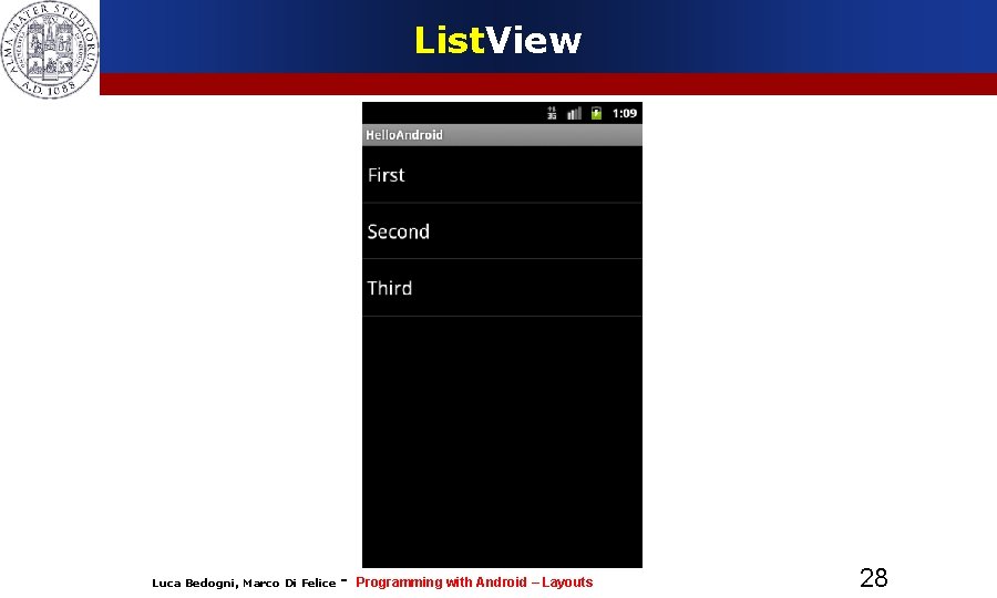 List. View Luca Bedogni, Marco Di Felice - Programming with Android – Layouts 28 List. View Luca Bedogni, Marco Di Felice - Programming with Android – Layouts 28