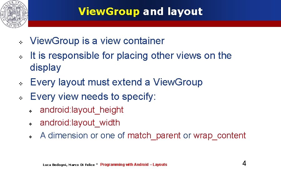 View. Group and layout View. Group is a view container It is responsible for View. Group and layout View. Group is a view container It is responsible for