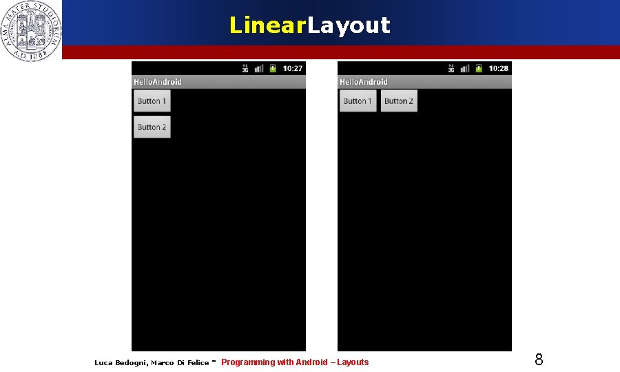 Linear. Layout Luca Bedogni, Marco Di Felice - Programming with Android – Layouts 8 Linear. Layout Luca Bedogni, Marco Di Felice - Programming with Android – Layouts 8