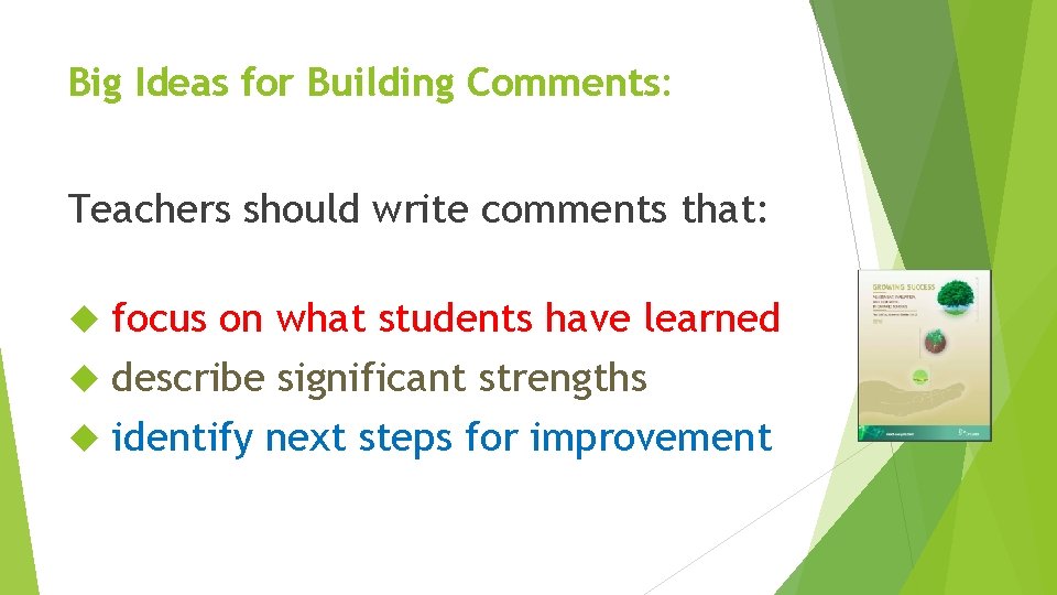 Big Ideas for Building Comments: Teachers should write comments that: focus on what students