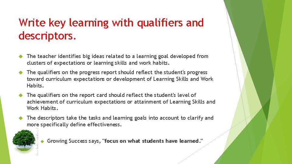 Write key learning with qualifiers and descriptors. The teacher identifies big ideas related to