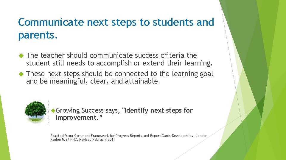 Communicate next steps to students and parents. The teacher should communicate success criteria the