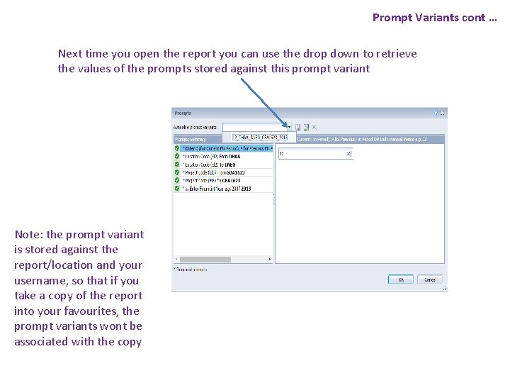 Prompt Variants cont … Next time you open the report you can use the