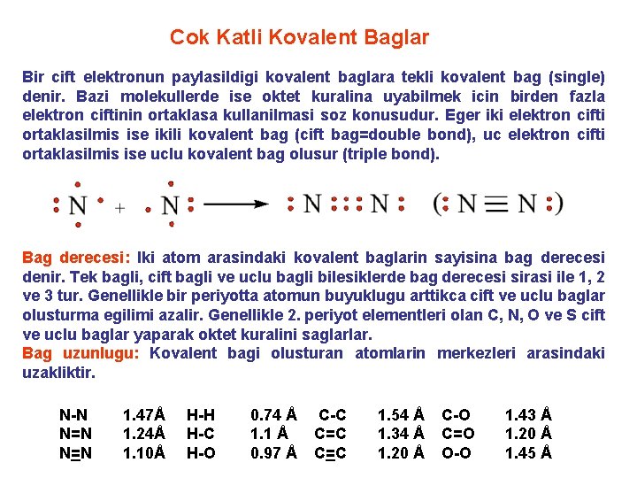 Cok Katli Kovalent Baglar Bir cift elektronun paylasildigi kovalent baglara tekli kovalent bag (single)