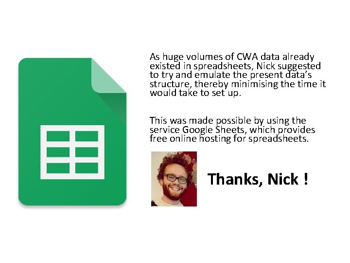 As huge volumes of CWA data already existed in spreadsheets, Nick suggested to try