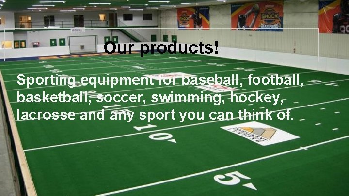 Our products! Sporting equipment for baseball, football, basketball, soccer, swimming, hockey, lacrosse and any