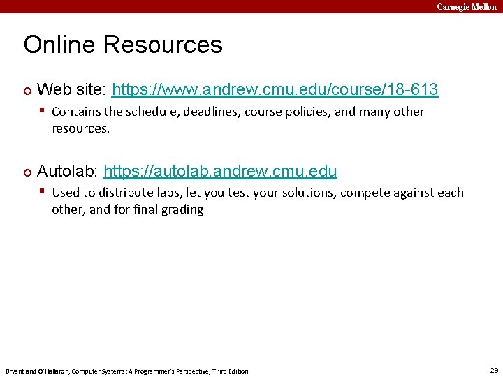 Carnegie Mellon Online Resources ¢ Web site: https: //www. andrew. cmu. edu/course/18 -613 §