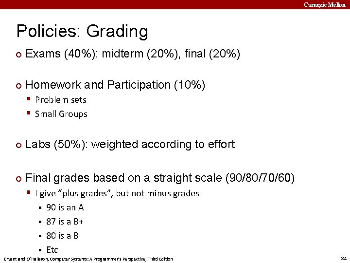 Carnegie Mellon Policies: Grading ¢ Exams (40%): midterm (20%), final (20%) ¢ Homework and