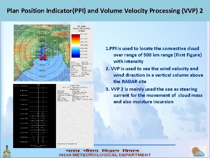 Plan Position Indicator(PPI) and Volume Velocity Processing (VVP) 2 1. PPI is used to Plan Position Indicator(PPI) and Volume Velocity Processing (VVP) 2 1. PPI is used to