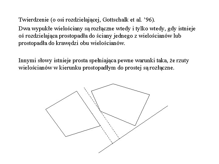 Twierdzenie (o osi rozdzielającej, Gottschalk et al. ’ 96). Dwa wypukłe wielościany są rozłączne
