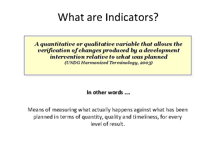 What are Indicators? A quantitative or qualitative variable that allows the verification of changes