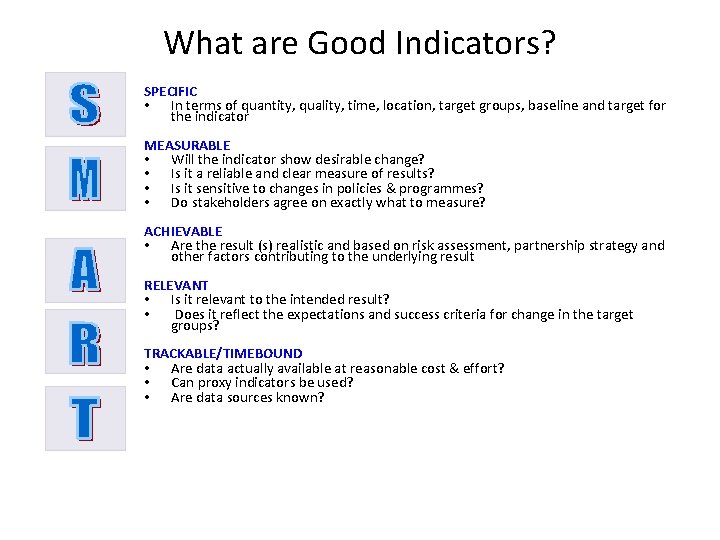 What are Good Indicators? SPECIFIC • In terms of quantity, quality, time, location, target