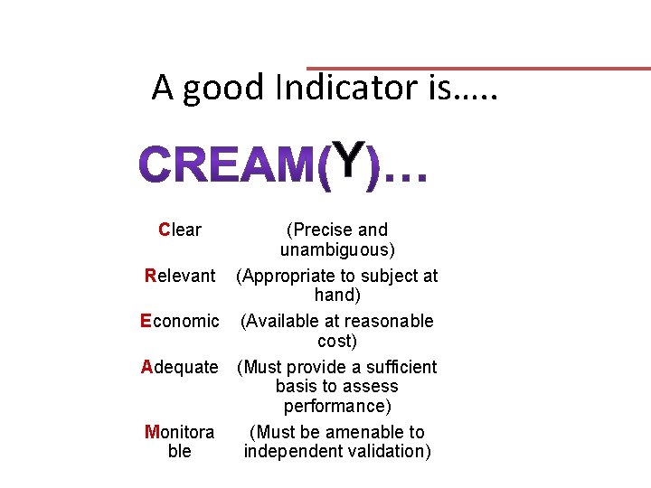 A good Indicator is…. . Y Clear (Precise and unambiguous) Relevant (Appropriate to subject