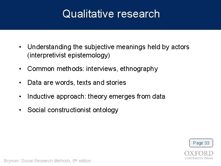 Qualitative research • Understanding the subjective meanings held by actors (interpretivist epistemology) • Common