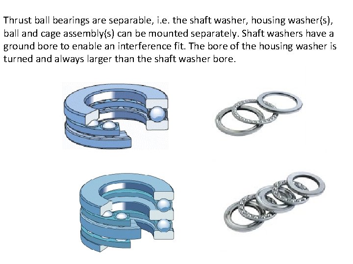 Thrust ball bearings are separable, i. e. the shaft washer, housing washer(s), ball and