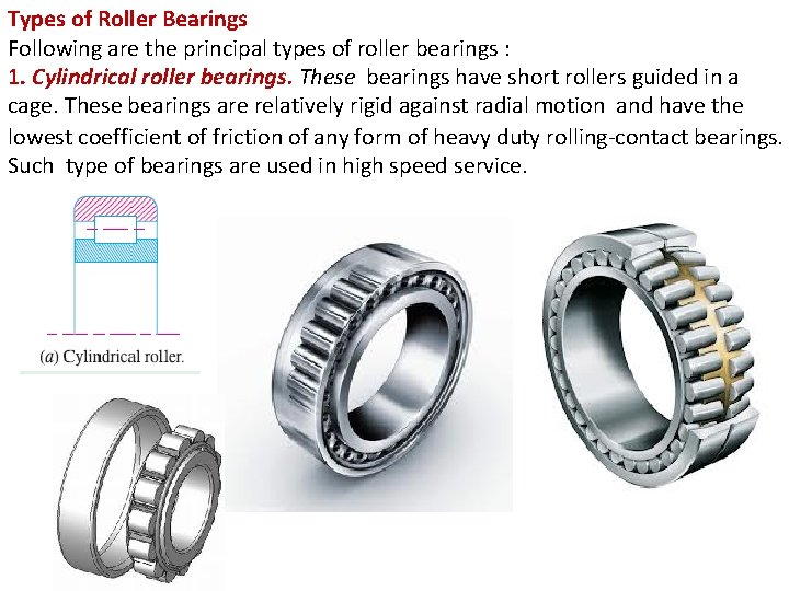 Types of Roller Bearings Following are the principal types of roller bearings : 1.