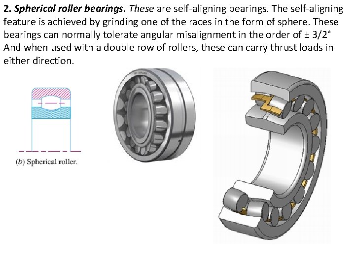 2. Spherical roller bearings. These are self-aligning bearings. The self-aligning feature is achieved by