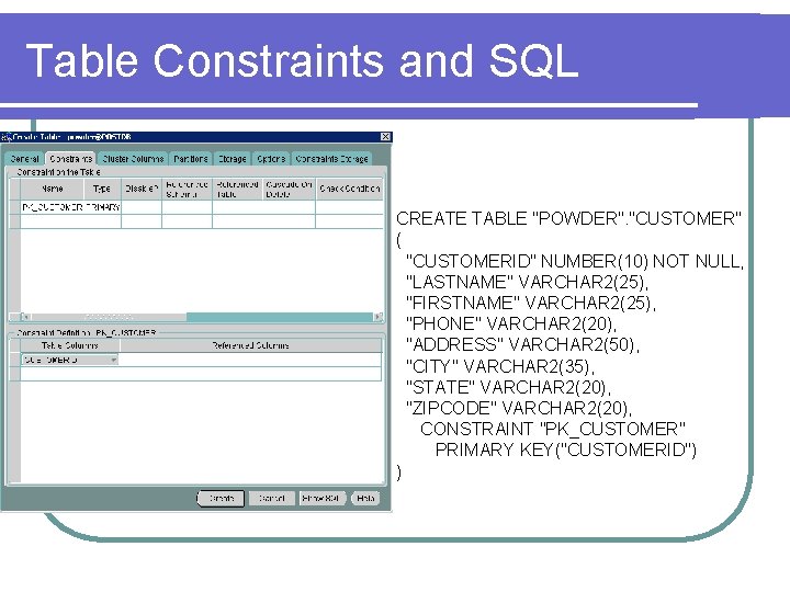 Table Constraints and SQL CREATE TABLE "POWDER". "CUSTOMER" ( "CUSTOMERID" NUMBER(10) NOT NULL, "LASTNAME"