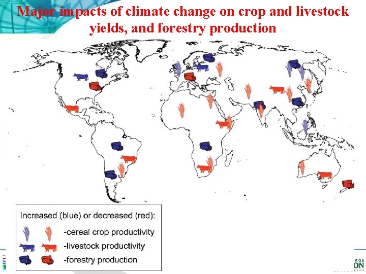 Major impacts of climate change on crop and livestock yields, and forestry production 