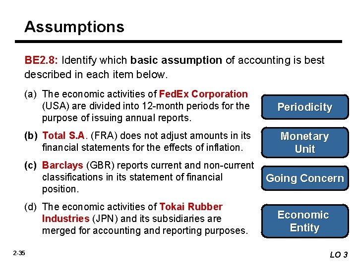 Assumptions BE 2. 8: Identify which basic assumption of accounting is best described in