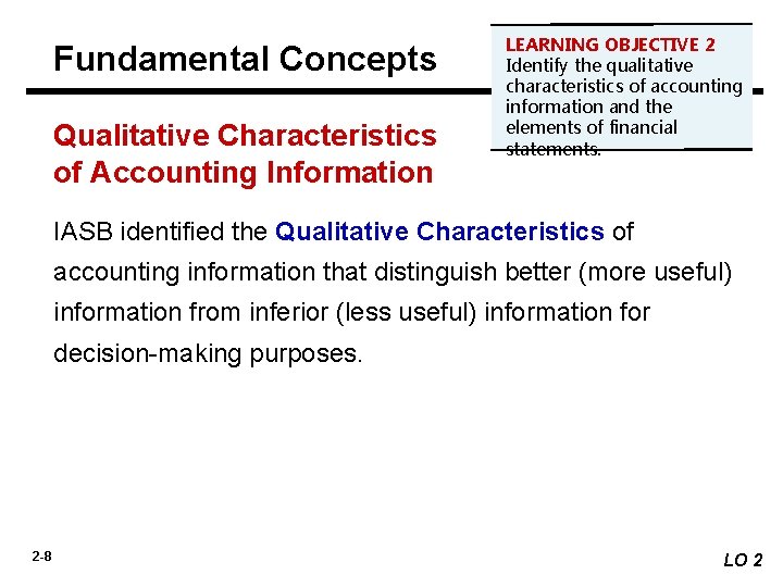 Fundamental Concepts Qualitative Characteristics of Accounting Information LEARNING OBJECTIVE 2 Identify the qualitative characteristics