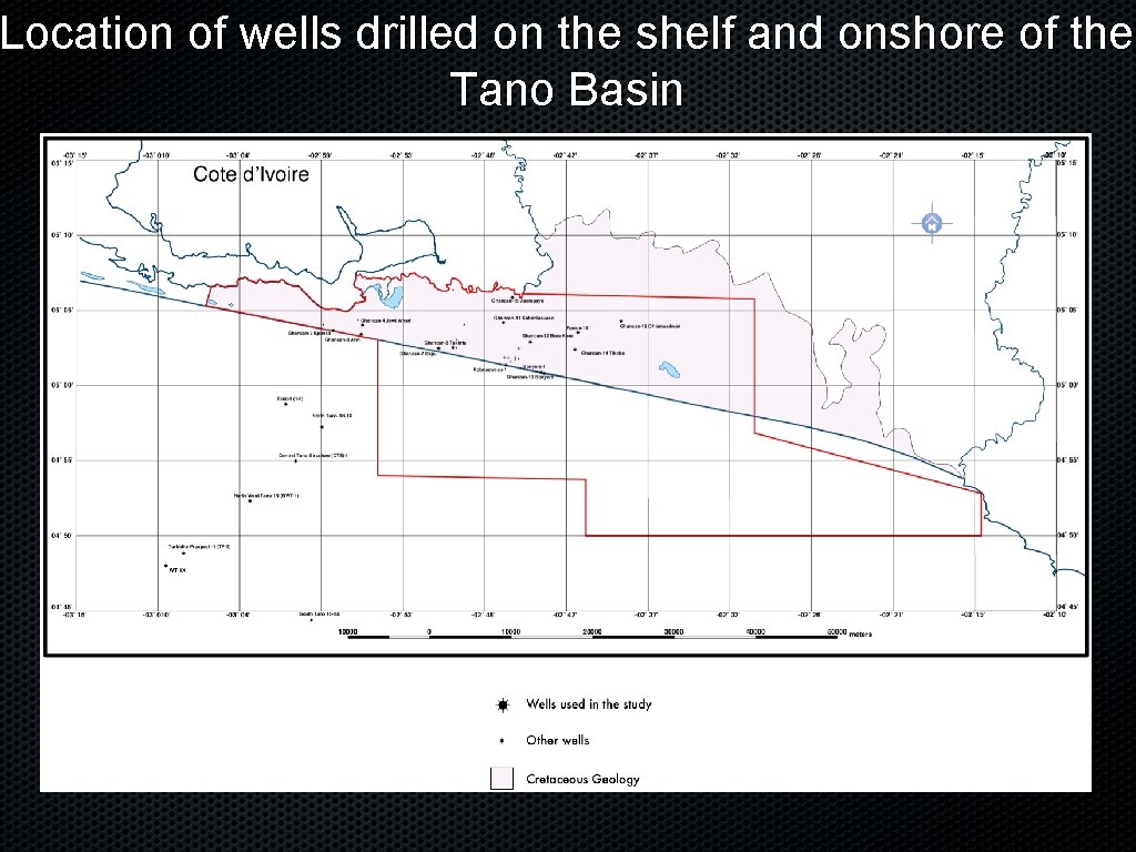 Location of wells drilled on the shelf and onshore of the Tano Basin 