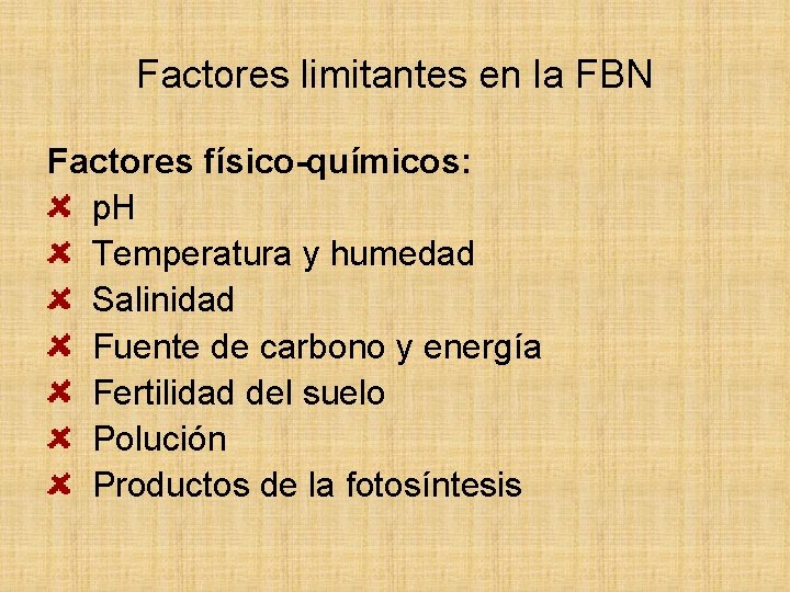 Factores limitantes en la FBN Factores físico-químicos: p. H Temperatura y humedad Salinidad Fuente