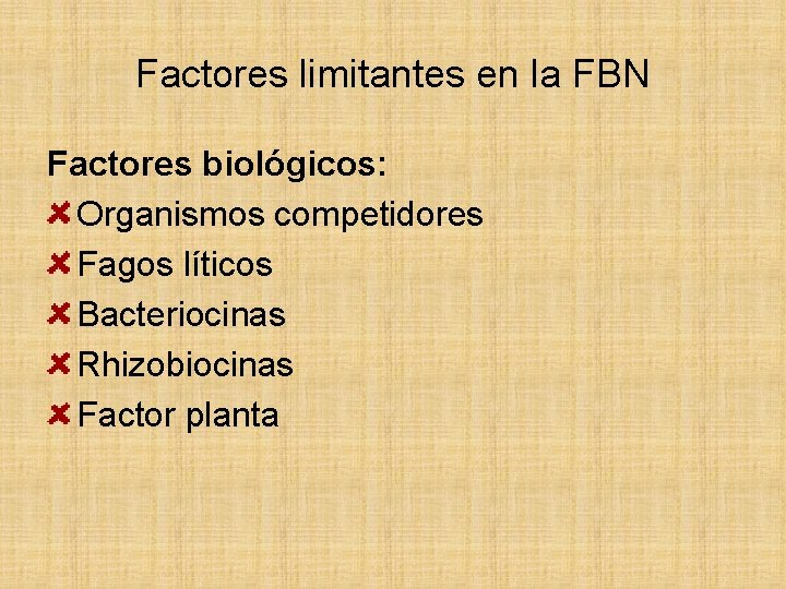 Factores limitantes en la FBN Factores biológicos: Organismos competidores Fagos líticos Bacteriocinas Rhizobiocinas Factor