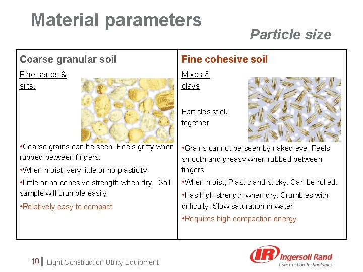 Material parameters Particle size Coarse granular soil Fine cohesive soil Fine sands & silts.