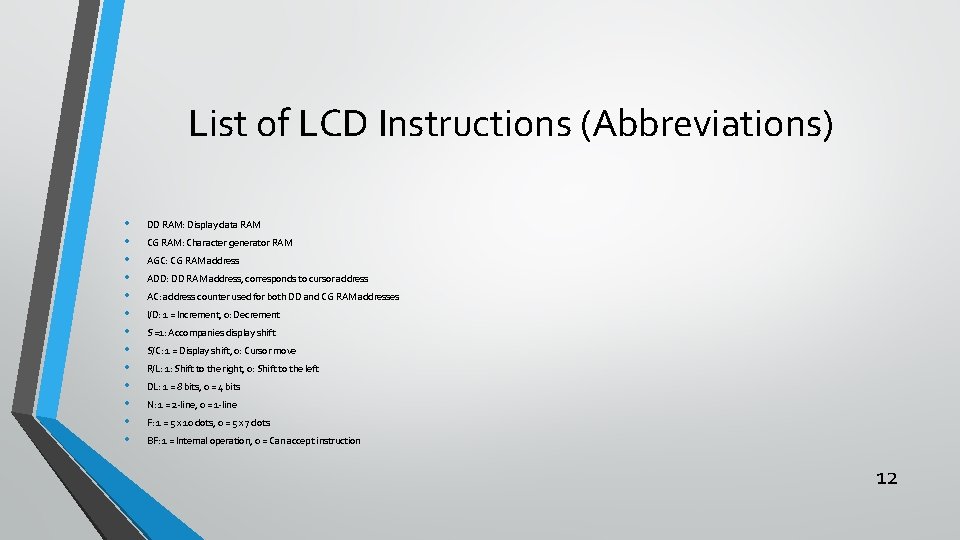 List of LCD Instructions (Abbreviations) • • • • DD RAM: Display data RAM