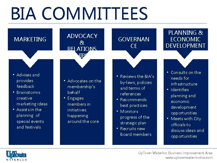 BIA COMMITTEES MARKETING • Advises and provides feedback • Brainstorms creative marketing ideas •