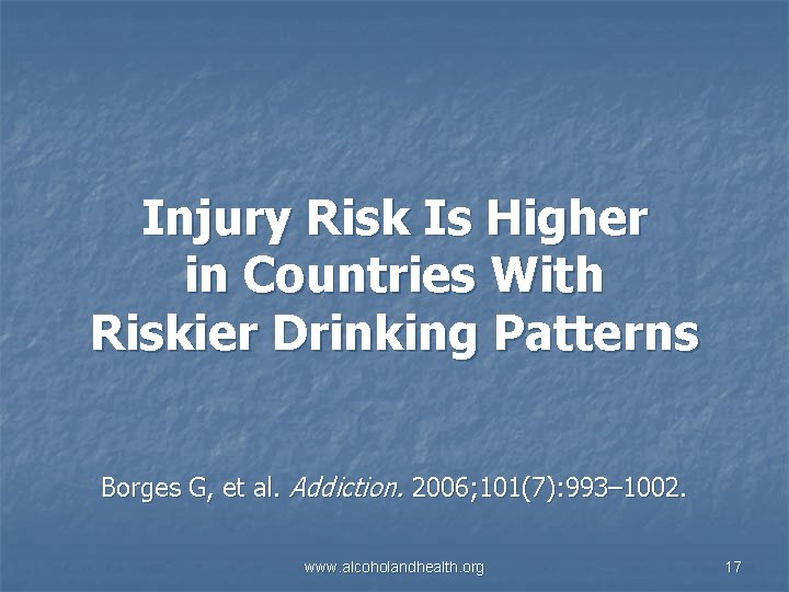 Injury Risk Is Higher in Countries With Riskier Drinking Patterns Borges G, et al.