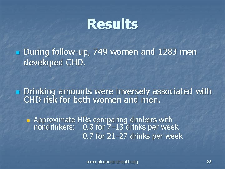 Results n n During follow-up, 749 women and 1283 men developed CHD. Drinking amounts