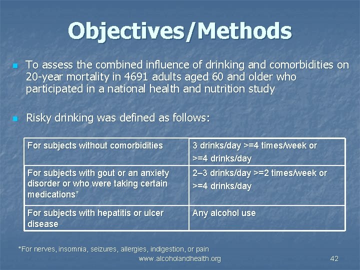 Objectives/Methods n n To assess the combined influence of drinking and comorbidities on 20